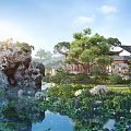Tranquil Chinese Garden Landscape With Rock Formations Pond Lotus Flowers Pine Trees And Traditional Buildings