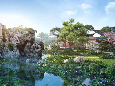 Tranquil Chinese Garden Landscape With Rock Formations Pond Lotus Flowers Pine Trees And Traditional Buildings 3d model
