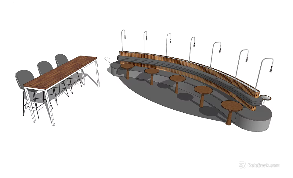 Curved Wooden Public Seating With Small Round Tables And Lighting Fixtures 3d model 