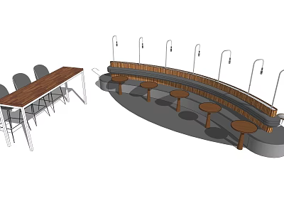 Curved Wooden Public Seating With Small Round Tables And Lighting Fixtures 3d model