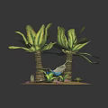 Cartoon Scene Featuring Two Palm Trees Hammock Small Plants And Flowers On Island