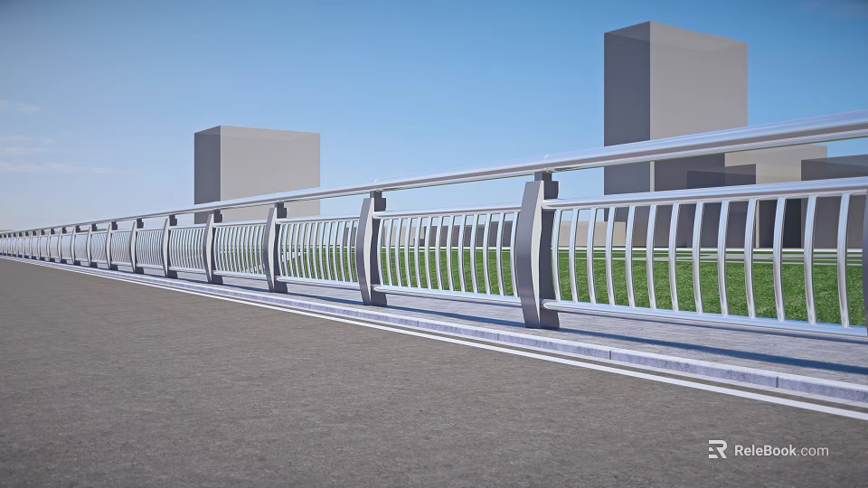 Modern Metal Railings With Curved Design Along Urban Road Near High Rise Buildings And Grass 3d model 
