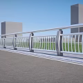 Modern Metal Railings With Curved Design Along Urban Road Near High Rise Buildings And Grass