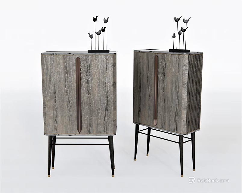 Modern Console Side Cabinet With Wooden Texture Black Metal Legs And Decorative Ornaments 3d model 