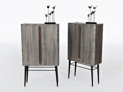 Modern Console Side Cabinet With Wooden Texture Black Metal Legs And Decorative Ornaments 3d model