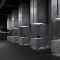 Traditional Art Exhibition Hall With Arched Structure Wooden Shelves Sculptures And Visitor Viewing Artworks