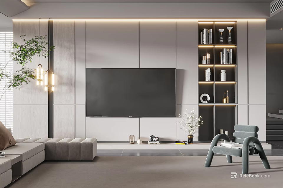 Modern Living Room TV Wall Design With Illuminated Bookshelves Decorations And Built-in TV 3d model 