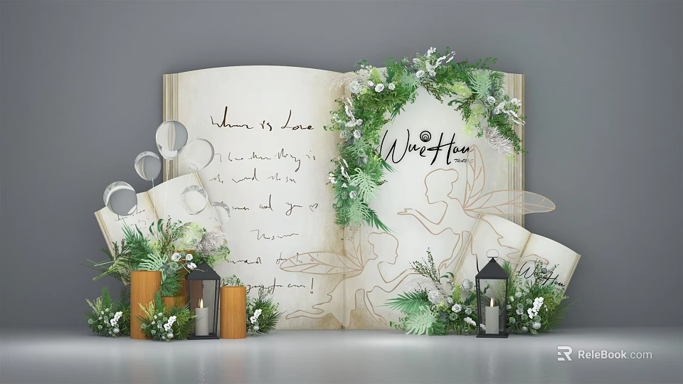 Decorative Open Book Display With Handwritten Text Green Wreath Lanterns And Candles 3d model 