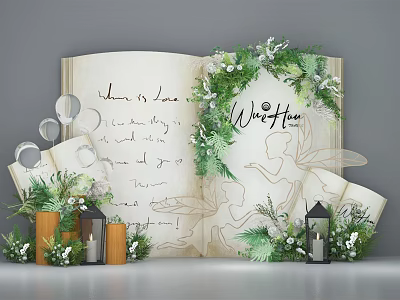 Decorative Open Book Display With Handwritten Text Green Wreath Lanterns And Candles 3d model
