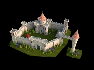 Ancient Castle Architecture with Pointed Towers Surrounding Walls Central Courtyard and Greenery 3d model