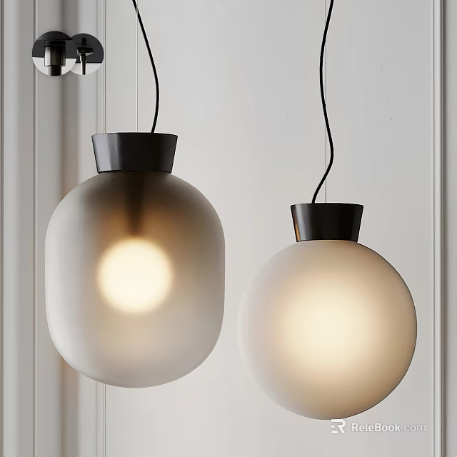 Two Modern Spherical Pendant Lights With Frosted Glass Shades And Black Bases 3d model 