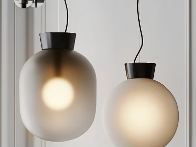 Two Modern Spherical Pendant Lights With Frosted Glass Shades And Black Bases 3d model