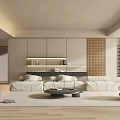 Modern Living Room Interior Featuring Beige Sofa Coffee Table Storage Cabinets And Perforated Panel Wall