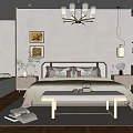 Modern Cozy Bedroom Interior Design With Chandelier Wooden Floor Paintings Bed Bench And Window Shutters