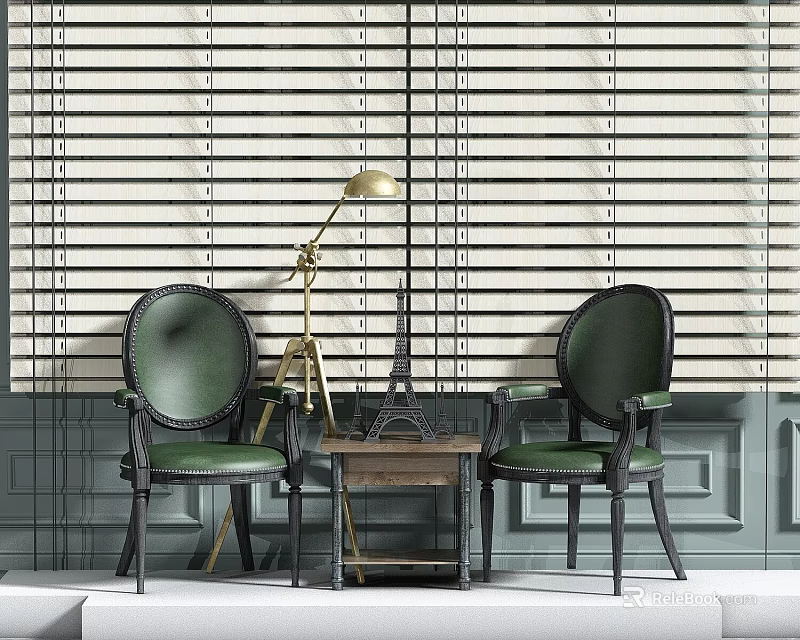 Two Green Leather Leisure Chairs With Small Table Gold Floor Lamp Eiffel Tower Model Blinds 3d model 