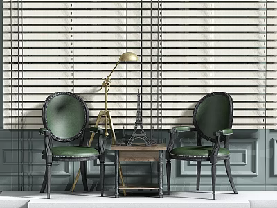 Two Green Leather Leisure Chairs With Small Table Gold Floor Lamp Eiffel Tower Model Blinds 3d model