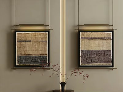 Two Textured Fabric Wall Art Panels Mounted on Beige Wall With Small Vase Below 3d model