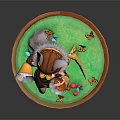 Fox Eared Girl Holding Red Item with Yellow Tail Among Butterflies on Green Base