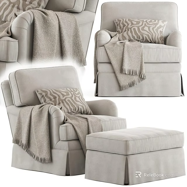 Cozy Single Sofa Featuring Patterned Pillow Soft Knit Blanket And Ottoman 3d model