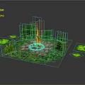 Garden Ornament with Burning Fire Pit Lush Green Plants and Stone Slab Surroundings