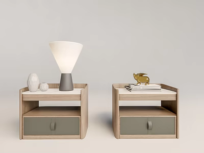 Wooden Bedside Tables With Gray Drawers White Lampshade Vase Books And Golden Decor 3d model