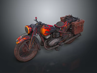 Vintage Motorcycle with Orange Black Flame Decals and Brown Leather Side Bags Displaying Classic Design 3d model