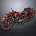 Vintage Motorcycle with Orange Black Flame Decals and Brown Leather Side Bags Displaying Classic Design