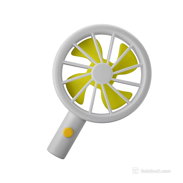 Portable Handheld Fan With White Frame Yellow Blades Gray Handle And Yellow Button 3d model 