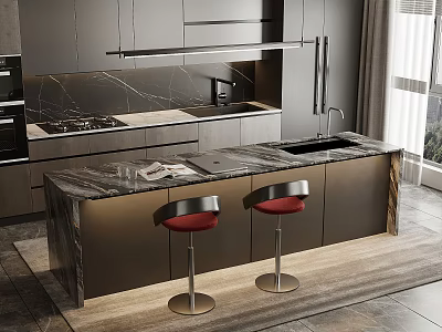 Elegant Modern Kitchen Interior With Marble Island Counter Red Stools And Dark Cabinets 3d model