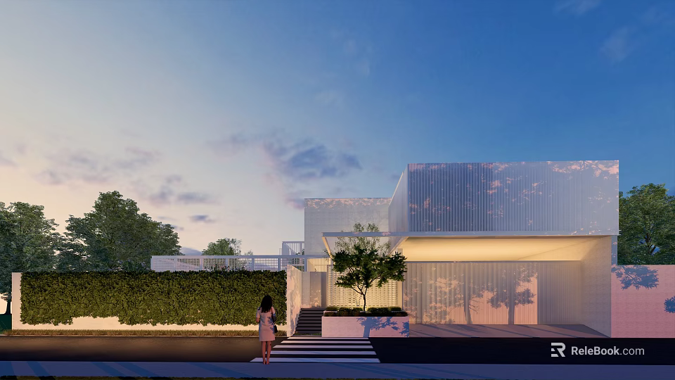 Modern Detached Villa With Glass Facade Greenery Entrance Steps And Evening Sky 3d model 