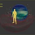 Silver Human Figure Standing On Ice Like Sculpture Base With Glowing Colorful Sphere