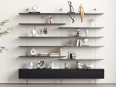 Modern Bookshelf with Multiple Shelves Featuring Books Statues Clock Vases and Decorative Items 3d model