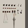 Entryway Wall With Various Style Hooks Hanging White Handbag And Umbrella