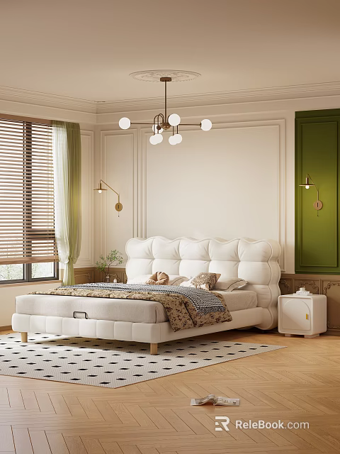 Elegant White Double Bed with Tufted Headboard Side Table Green Curtain and Chandelier 3d model 