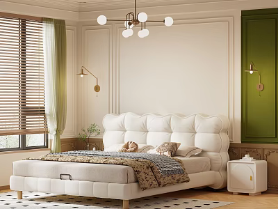 Elegant White Double Bed with Tufted Headboard Side Table Green Curtain and Chandelier 3d model