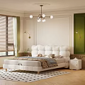 Elegant White Double Bed with Tufted Headboard Side Table Green Curtain and Chandelier