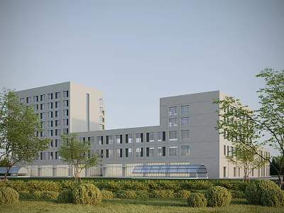 Modern Multi Story Office Building With Large Windows Surrounded By Trees Greenery And Lawns 3d model