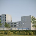 Modern Multi Story Office Building With Large Windows Surrounded By Trees Greenery And Lawns