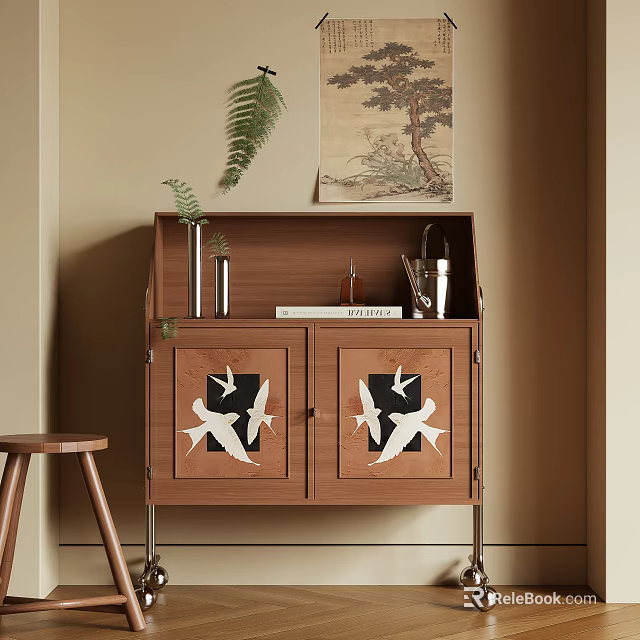 Modern Wooden Entryway Console Cabinet With Decorative Bird Carvings And Storage Space 3d model 