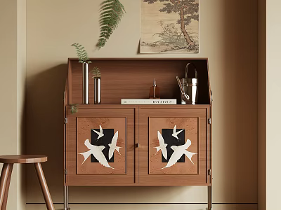 Modern Wooden Entryway Console Cabinet With Decorative Bird Carvings And Storage Space 3d model