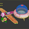 Red Toy Airplane And Silver UFO Model With Miniature Figures On Dark Reflective Surface