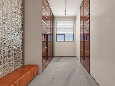 Modern Walk In Closet Interior With Glass Doors Bench And Decorative Wall 3d model