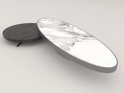 Two Oval Coffee Tables with Black Wooden and White Marble Patterned Tops 3d model