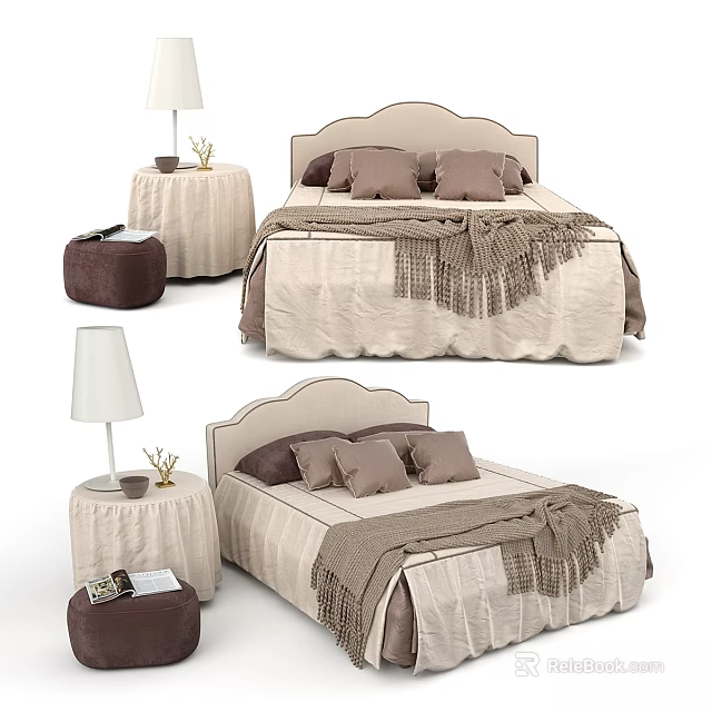 Double Bed With Upholstered Headboard Pillows Blanket And Nightstand Table Lamp 3d model
