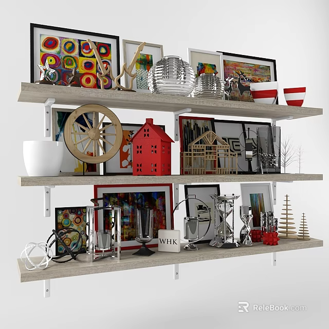 Decorative Ornament Combination On Multi Tiered Shelf With Colorful Frames Model Ornaments And Metal Decor 3d model 