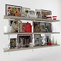 Decorative Ornament Combination On Multi Tiered Shelf With Colorful Frames Model Ornaments And Metal Decor