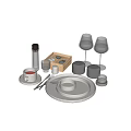 Tableware Set With White Plates Cups Spoons Wine Glasses Wooden Box And Metal Containers