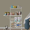 White Home Storage Shelf Featuring Food Cans Coffee Kettle Towels And Drawer Organizers