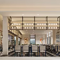 Modern Restaurant Interior With Large Menu Board Service Counter Shelves And Hanging Lights