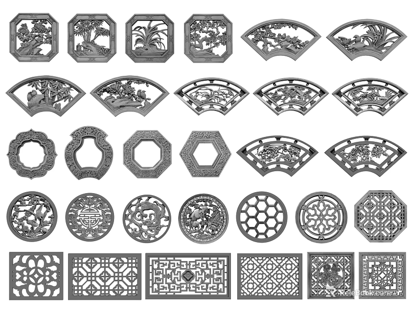 Traditional Carved Lattice Windows With Various Shapes And Intricate Ornate Patterns 3d model 